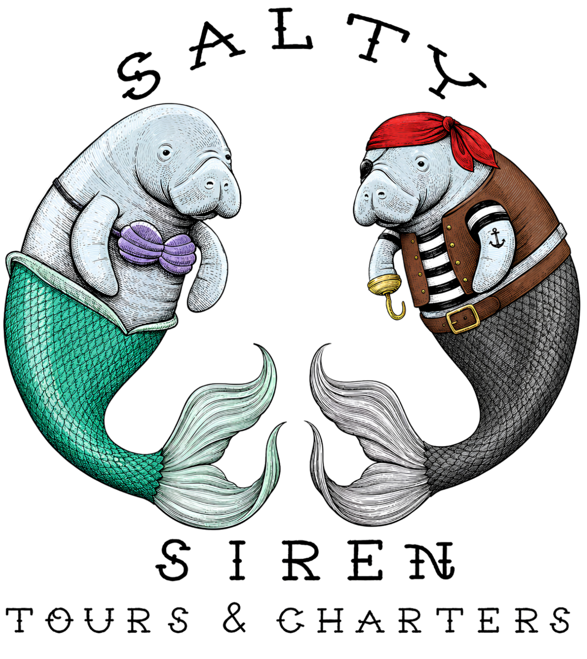 Manatees in mermaid and pirate attire form a circle with 'Salty Siren Tours & Charters' text.