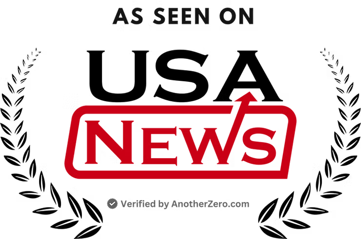 Logo with text 'As Seen On USA News', laurel branches, and 'Verified by AnotherZero.com'.