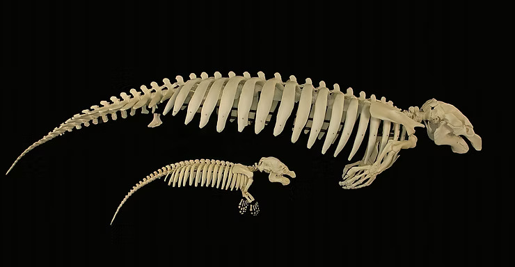 Two skeletons of marine mammals on display against a black background.