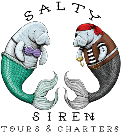 Manatees in mermaid and pirate attire form a circle with 'Salty Siren Tours & Charters' text.