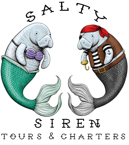 Manatees in mermaid and pirate attire form a circle with 'Salty Siren Tours & Charters' text.