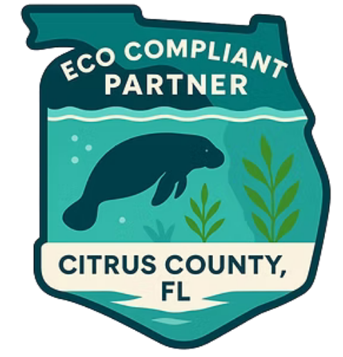 Badge with manatee and plants, labeled 'Eco Compliant Partner, Citrus County, FL'.
